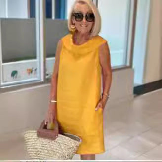 Medium and long dress red loose waist cotton and linen solid color sweet pullover dress m302047