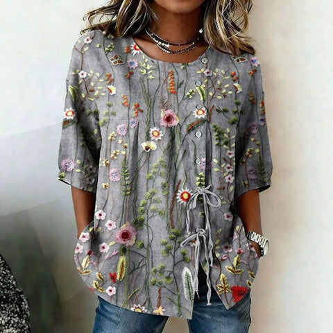 Color matching loose blouse five-button drawstring m302924