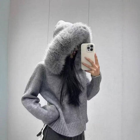 Hooded fur collar splicing knitted sweater jacket women's autumn and winter simple cardigan m302131