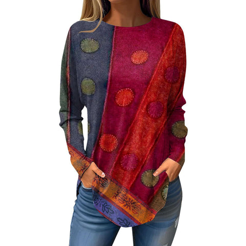 New hem curved loose long-sleeved crew neck T-shirt top print m302172