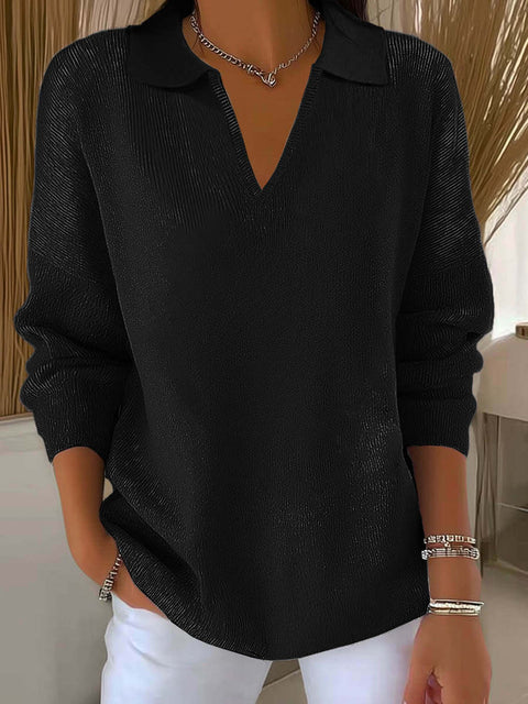Digital printing women's lapel neck long-sleeved solid color knitted fleece sweater m302076