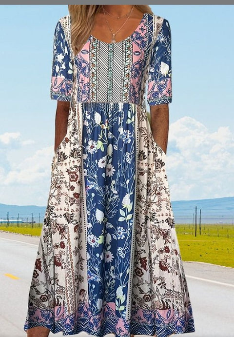 Up and down splicing pocket size printing big wide dress m301712