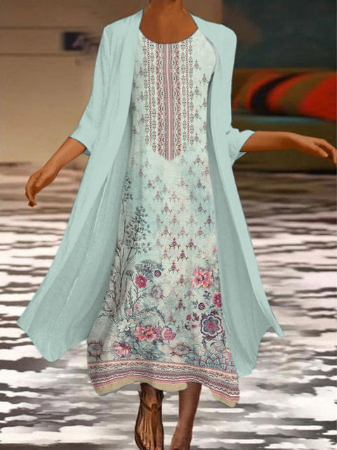 New women's long dress two-piece set flower and grass print crew neck dress m301251