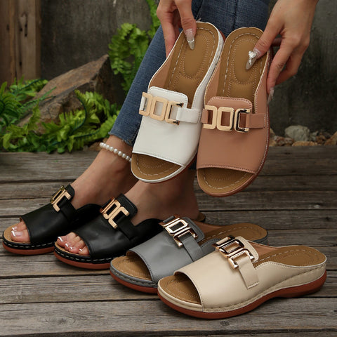 Large size solid color round head metal chain casual outer wear one-word sandals female m302833