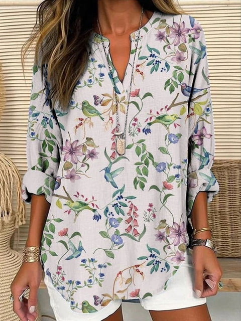 Loose 3D Printed V-Neck Shirt Long Sleeve T-Shirt m301360
