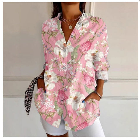 3D digital printing abstract pattern women's long-sleeved buckle linen shirt m302749 -2