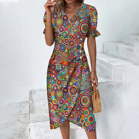 Geometric collage bubble sleeves irregular hem dress m301272