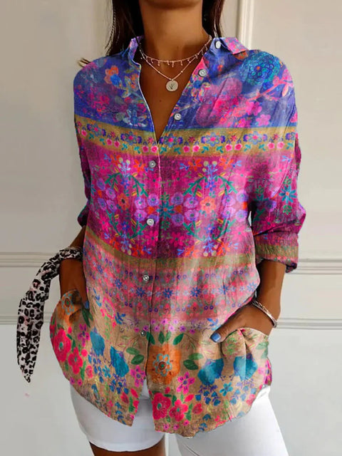 3D digital printing abstract pattern women's long-sleeved buckle linen shirt m302749 -2