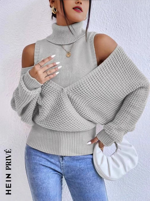 Autumn and winter turtleneck off-the-shoulder sweater, gentle wind, high-end sense, solid color knitted double-layer design sense, long-sleeved women's clothing m301923
