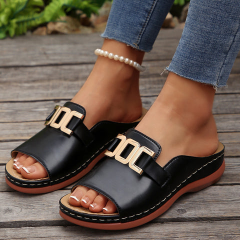 Large size solid color round head metal chain casual outer wear one-word sandals female m302833