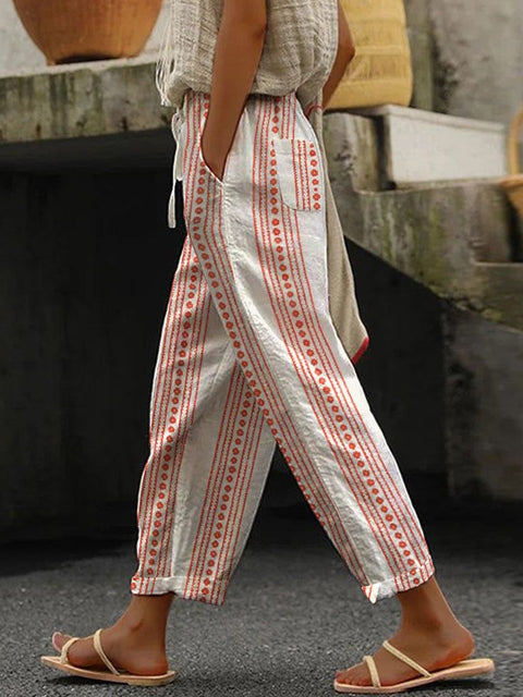 Regular drawstring pocket slacks multi-color digital print women's trousers m301434