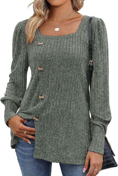 Autumn and winter new buckle square neck long-sleeved solid color women's t-shirt m300546