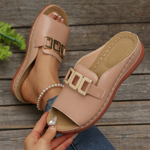 Large size solid color round head metal chain casual outer wear one-word sandals female m302833
