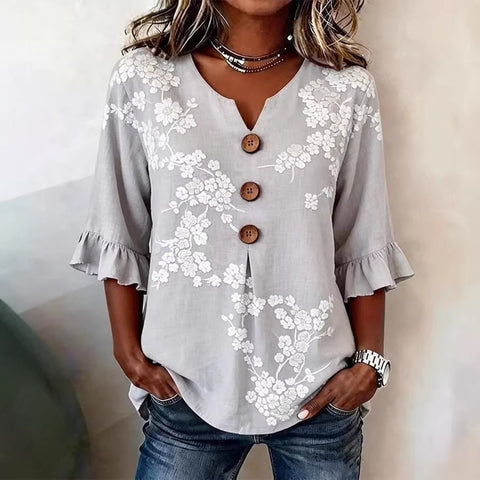 Small V-neck shirt flared sleeve printed button-down shirt m302753