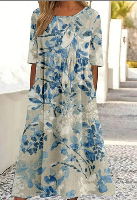 Up and down splicing pocket size printing big wide dress m301712