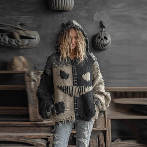 Halloween spoof digital printing zipper pumpkin hooded imitation knitted sweater m302044