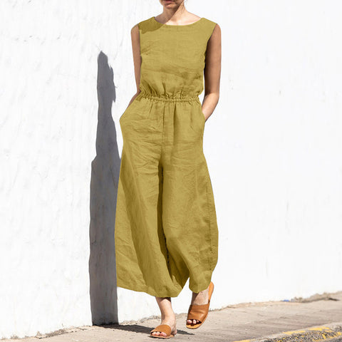 Summer solid color high waist sleeveless trousers women's fashion casual loose temperament jumpsuit m301893