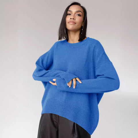 Women's knitted sweater crew neck solid color loose sweater m300667