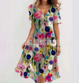 Casual comfortable V-neck floral new hot-selling printed dress m301703