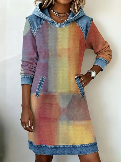 Denim sweater dress creative retro print comfortable soft denim splicing sweater m302280