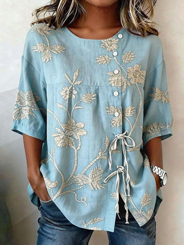 Color matching loose blouse five-button drawstring m302924