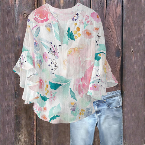 Creative floral element printing digital printing casual trend V-neck lotus edge T-shirt women's m301769