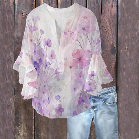 Creative floral element printing digital printing casual trend V-neck lotus edge T-shirt women's m301769