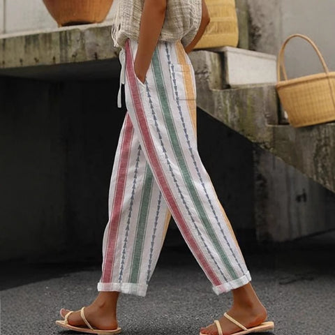 Regular drawstring pocket slacks multi-color digital print women's trousers m301434