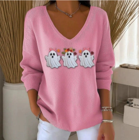 Shoulder V-Neck Long Sleeve Pullover 3D Digital Printing Women's Top T-Shirt m301684