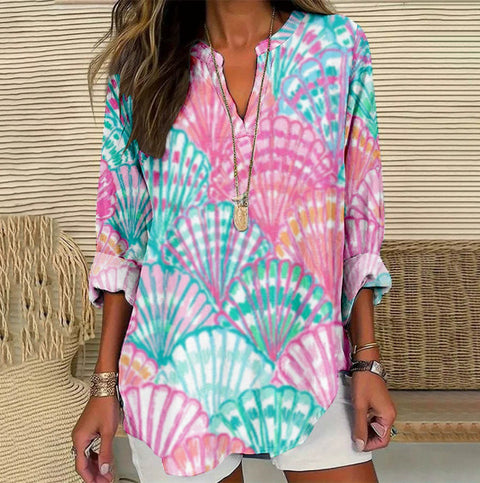 Small V-neck long-sleeved floral simple casual temperament T-shirt m302763