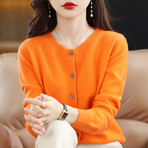 Knitted cardigan early spring crew neck sweater women's long-sleeved solid color versatile jacket women's m301748