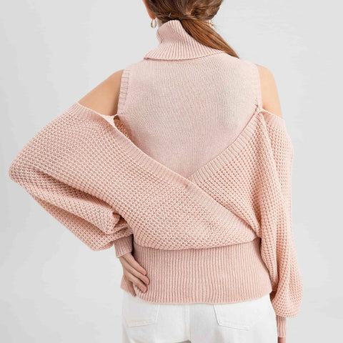 Autumn and winter turtleneck off-the-shoulder sweater, gentle wind, high-end sense, solid color knitted double-layer design sense, long-sleeved women's clothing m301923