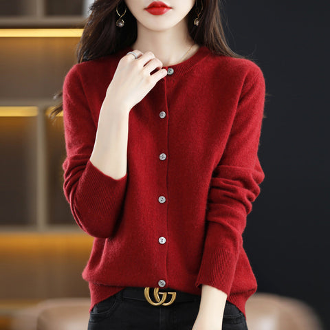 Knitted cardigan early spring crew neck sweater women's long-sleeved solid color versatile jacket women's m301748