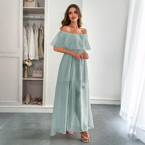 Casual simple wind off-the-shoulder semi-transparent slim-fit long dress m301413