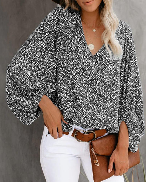 V-neck shirt printed lantern sleeve women's top m301626