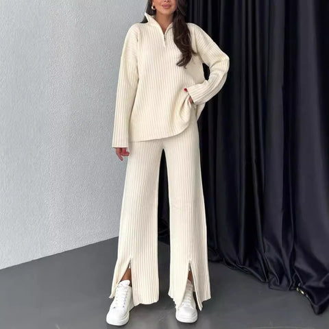 Women's solid color zipper knitted suit turtleneck pit strip loungewear two-piece set m301792