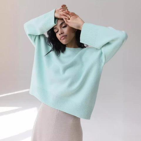 Women's knitted sweater crew neck solid color loose sweater m300667