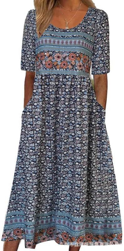 Ladies Casual Crew Neck Pullover Short Sleeve 3D Printing Pleated Waist Swing Long Dress Dress m301299