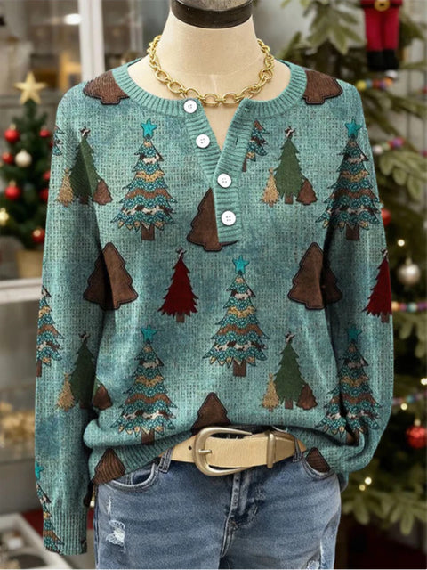 Vintage 3D digital printing four-button stand-up collar Polo sweater women m302158