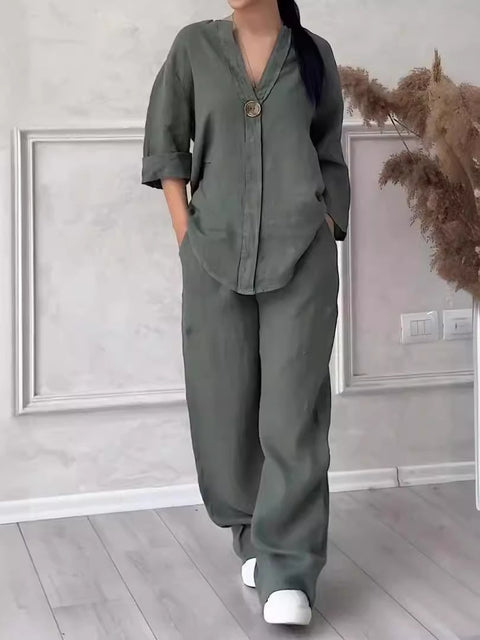 Women's comfortable loose top wide-leg pants casual cotton and linen suit m302154