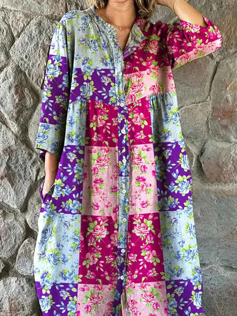 Women's Loose Crew Neck Fashion Premium Long Sleeve Printed Shirt Dress m301050