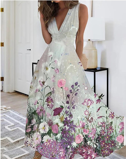 Women's new V-neck with lining high waist sleeveless printed sexy vest dress m301267