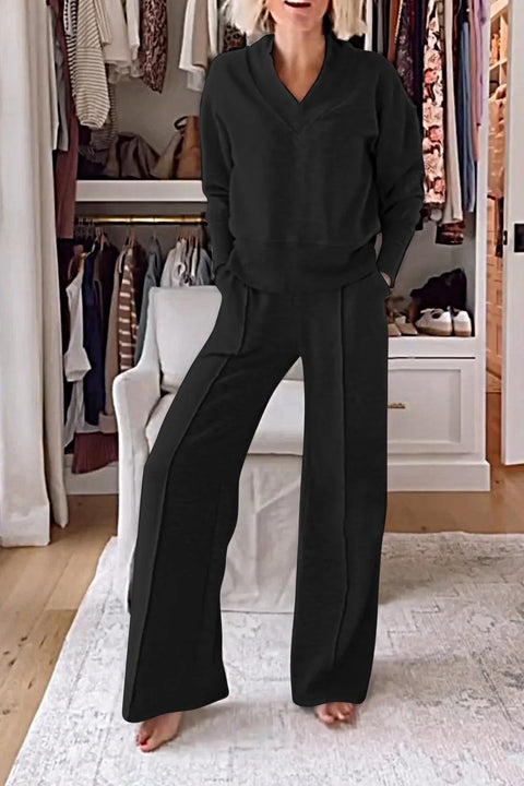 V-neck long-sleeved loose top wide-leg pants two-piece set m301327