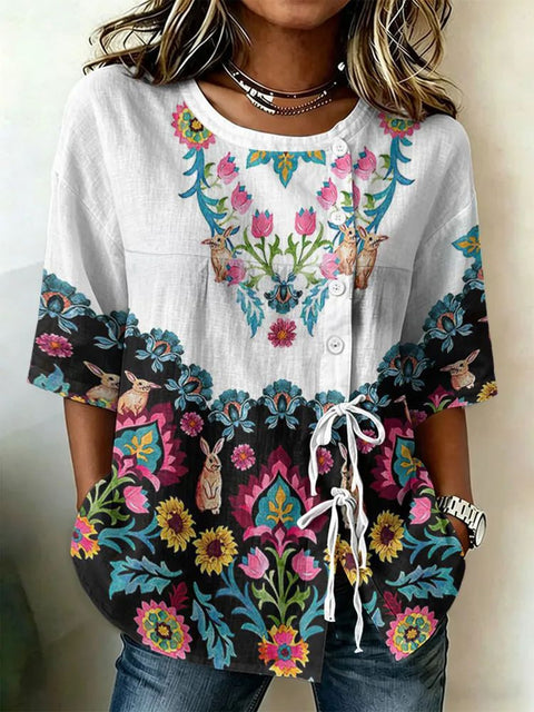 Color matching loose blouse five-button drawstring m302924