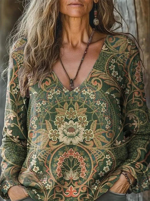 casual V-neck long-sleeved pullover loose digital printing women's top T-shirt m301736