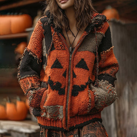 Halloween spoof digital printing zipper pumpkin hooded imitation knitted sweater m302044