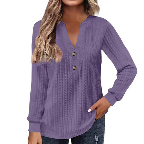 New long-sleeved solid color V-neck button-down T-shirt top m302223