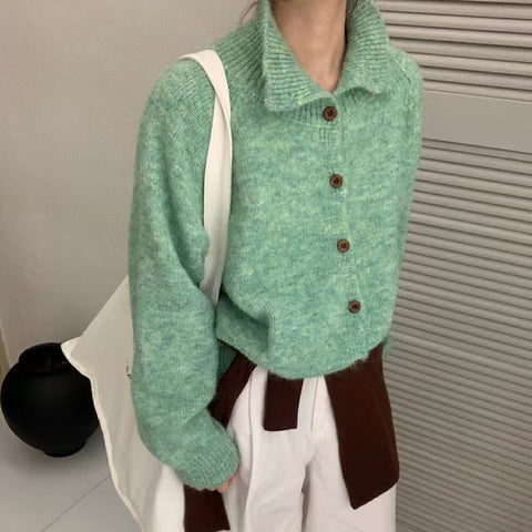 New high-necked wooden buckle long-sleeved plush cardigan jacket for women m302132