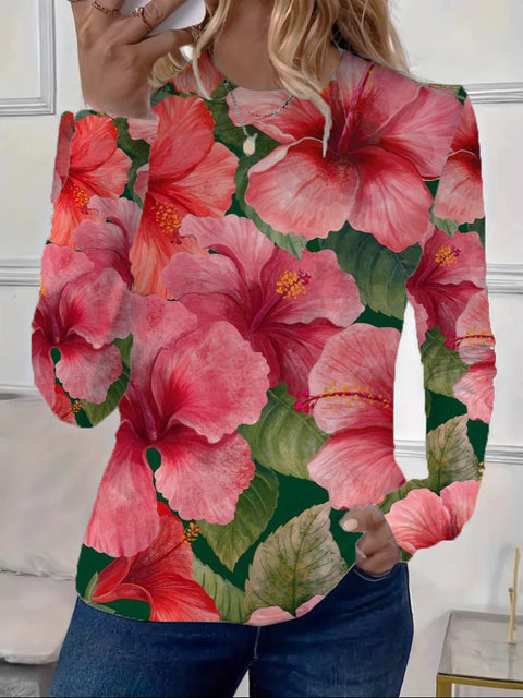 Women's Loose Fashion Retro Classic Printed Crew Neck Long Sleeve T-Shirt m301237