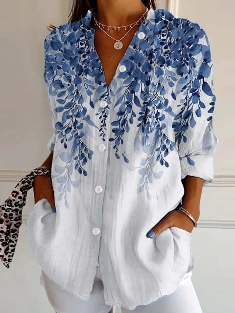 3D digital printing abstract pattern women's long-sleeved buckle linen shirt m301277